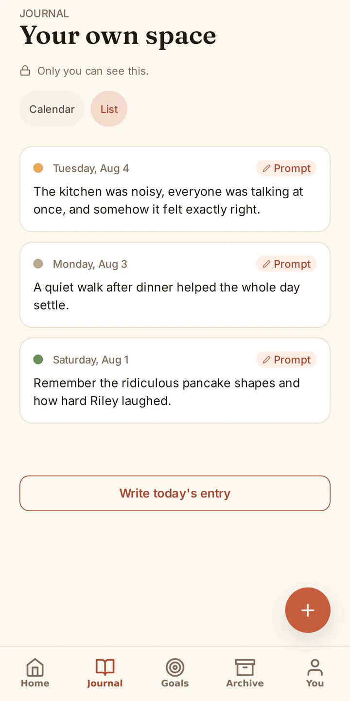 Withkin's private journal with example daily entries and the message Only you can see this.